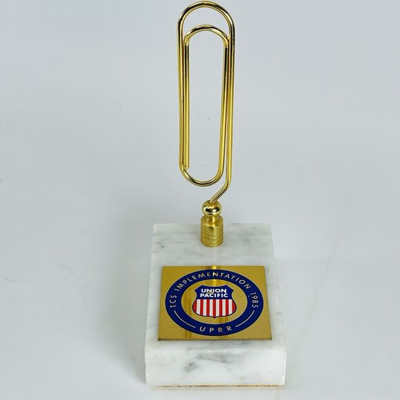 Union Pacific 1985 Big Brass Paper Clip Paperweight Marble Base Desk Organizer - Picture 1 of 7